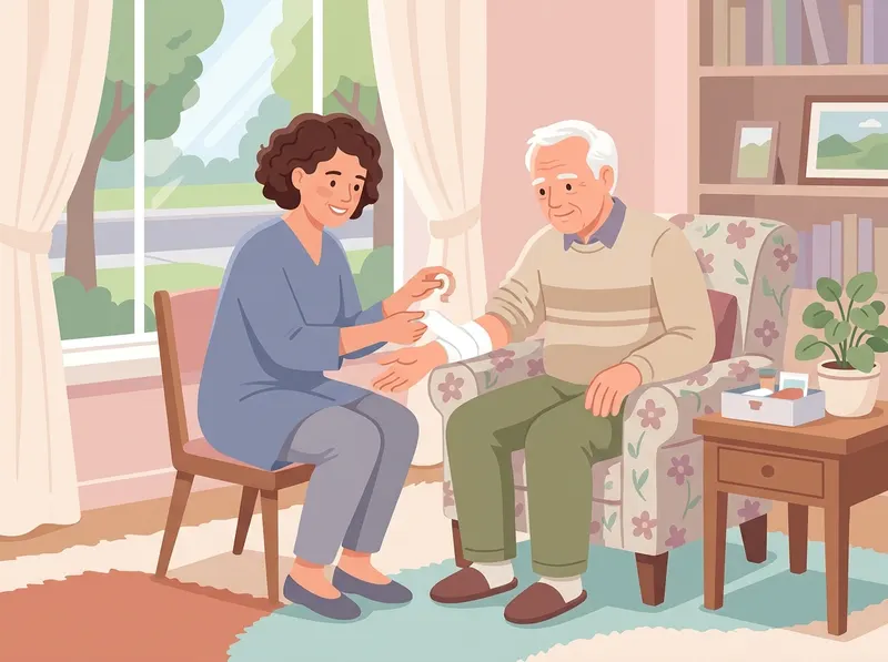 Hozzátartozó segít idős páciensnek a sebgondozásban